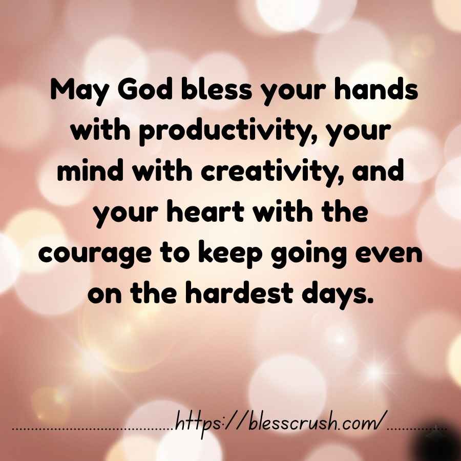 Coworker Blessings prayer asking God to bless hands with productivity mind with creativity and heart with courage on pink bokeh background