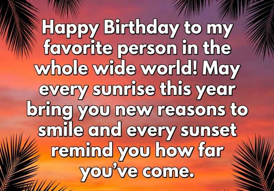 Sunset-themed birthday card with inspirational wishes and encouragement.