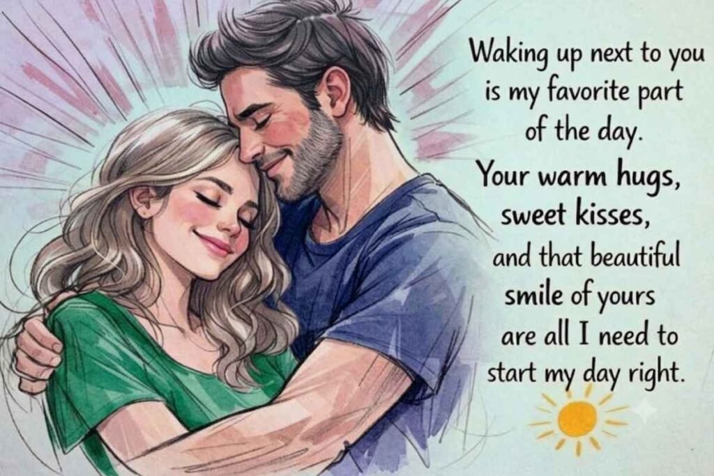 Long paragraph for her – 'Waking up next to you is my favorite part of the day' with a romantic couple embracing in watercolor style