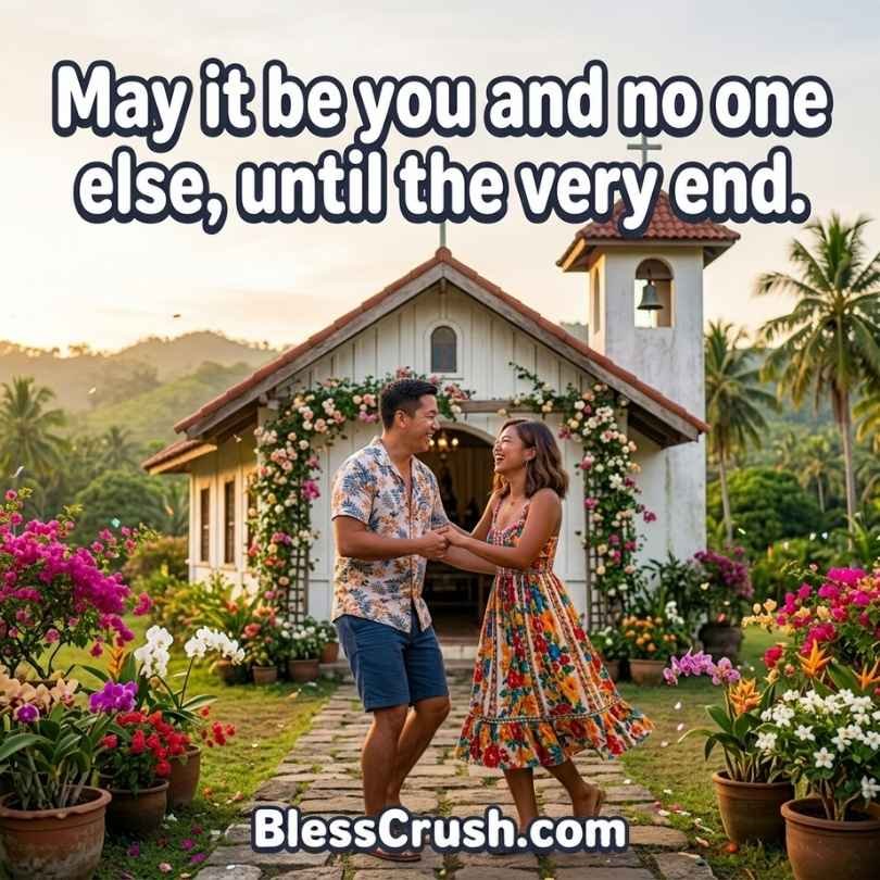 Elegant couple outside a small white countryside church illustrating heartfelt Filipino pickup lines.