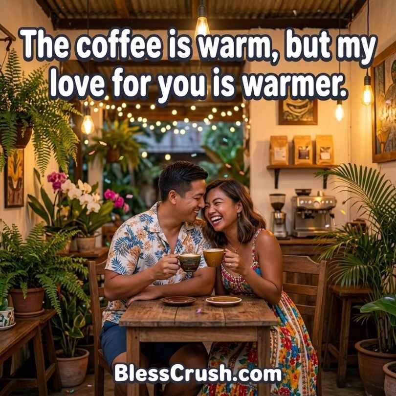 Cozy cafe date with a couple sharing coffee and warm Filipino pickup lines.