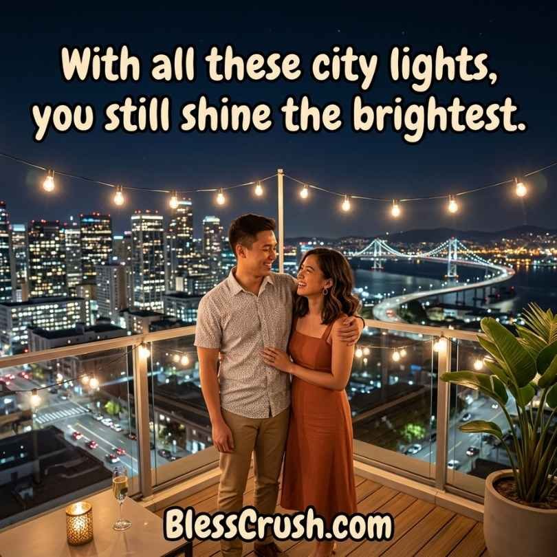 Couple on a glowing city rooftop at night paired with romantic Filipino pickup lines.