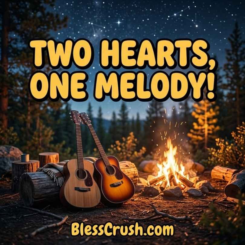 Guitar Pickup Lines - "Two hearts, one melody" romantic campfire guitar quote