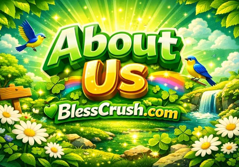3D About Us banner for BlessCrush.com in vibrant green theme with bold text and nature background