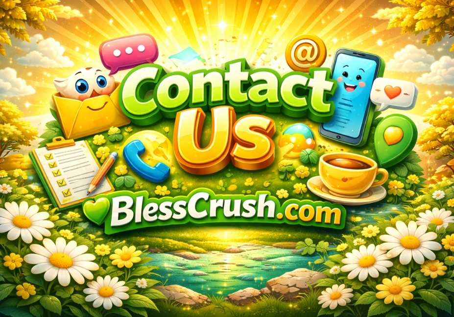 3D Contact Us banner for BlessCrush.com in yellow theme with email, phone and message icons