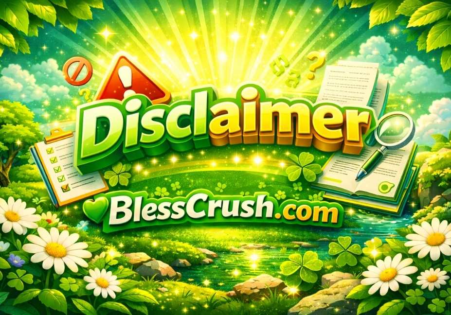 3D Disclaimer banner for BlessCrush.com with green theme and warning icons in bright colors