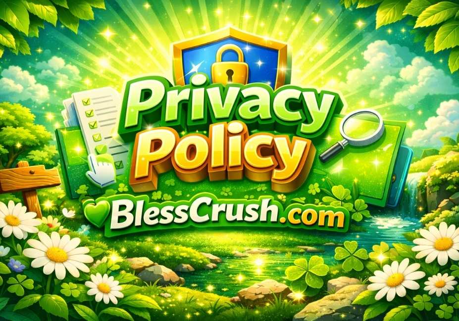 3D Privacy Policy banner for BlessCrush.com with green theme, shield and security icons