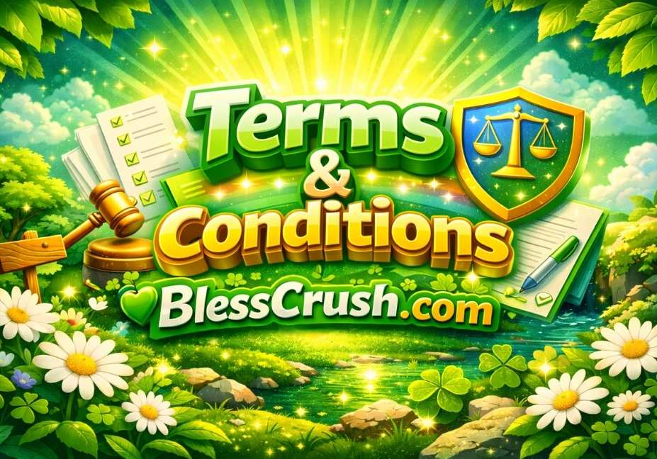3D Terms and Conditions banner for BlessCrush.com in green theme with legal icons and vibrant colors