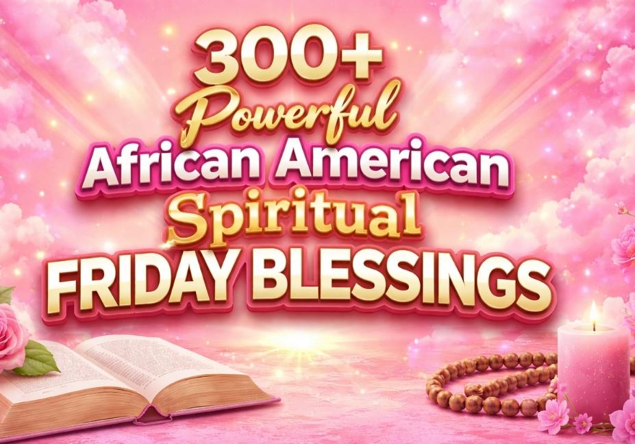 Pink inspirational banner with 3D text “300+ Powerful African American Spiritual Friday Blessings” surrounded by Bible, candlelight, and roses.