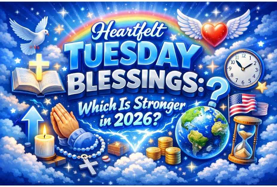 Blue-themed 3D title graphic reading “Heartfelt Tuesday Blessings: Which Is Stronger in 2026?” surrounded by icons like a Bible, cross, praying hands, dove, heart with wings, clock, globe, coins, candle, and hourglass against a glowing sky background.