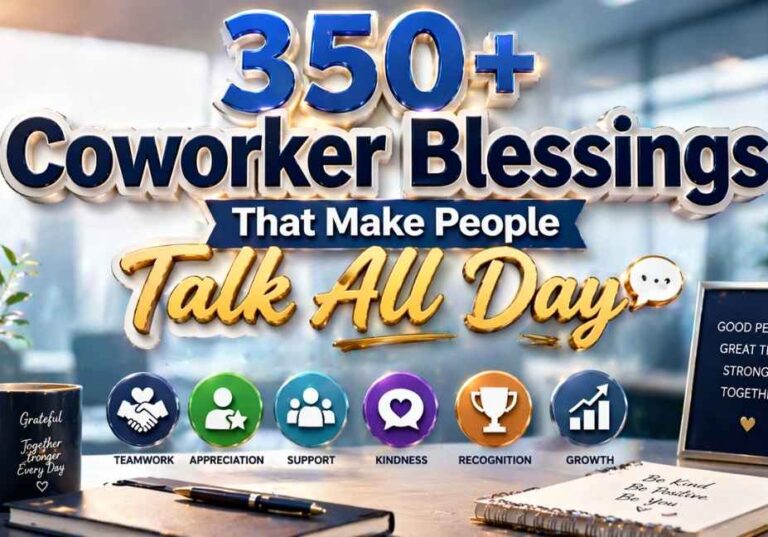 Professional office-themed 3D image with the title “350+ Coworker Blessings That Make People Talk All Day,” featuring teamwork and appreciation icons on a modern desk background.