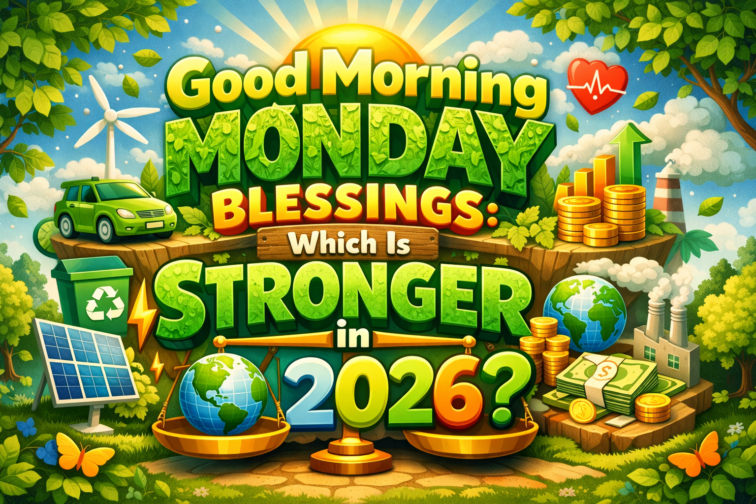 Green nature-themed 3D text design showing “Good Morning Monday Blessings: Which Is Stronger in 2026?” surrounded by leaves, sunrise light, eco icons, coins, globe.
