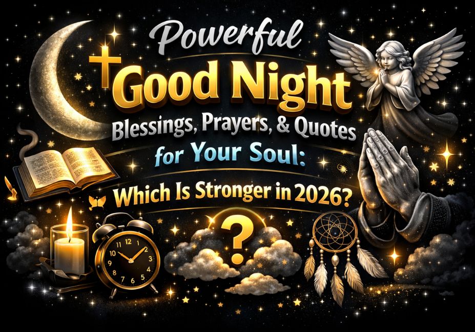 Powerful Good Night Blessings, Prayers, and Quotes for Your Soul black theme 3D text with moon, angel, candle, Bible, praying hands and night sky