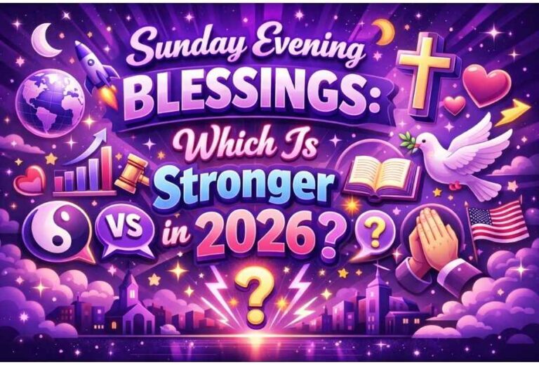 Purple-themed 3D illustration with the title “Sunday Evening Blessings: Which Is Stronger in 2026?” surrounded by glowing spiritual icons like a dove, cross, prayer hands, heart, Bible, and stars on a vibrant night background.