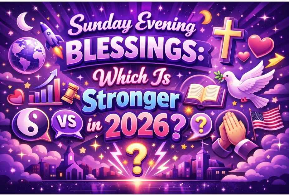 Purple-themed 3D illustration with the title “Sunday Evening Blessings: Which Is Stronger in 2026?” surrounded by glowing spiritual icons like a dove, cross, prayer hands, heart, Bible, and stars on a vibrant night background.
