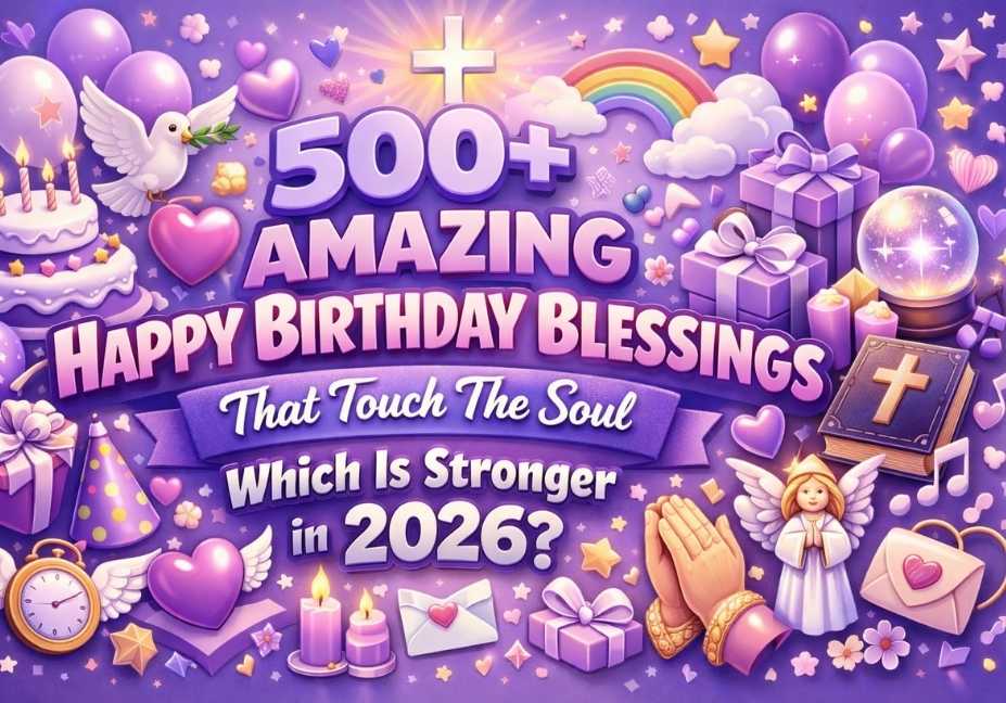 “Lilac-themed 3D banner with colorful birthday icons including cake, gifts, balloons, candles, hearts, and angel elements surrounding bold text ‘500+ Amazing Happy Birthday Blessings That Touch The Soul Which Is Stronger in 2026?’ in a vibrant purple aesthetic.”
