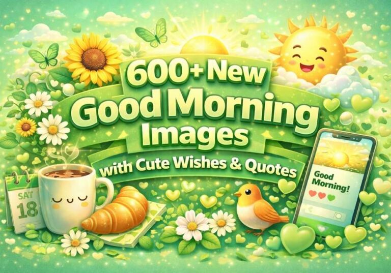 “Green 3D good morning banner with ‘600+ New Good Morning Images with Cute Wishes & Quotes’ text, featuring sun, flowers, coffee cup, croissant, bird, hearts, and smartphone
