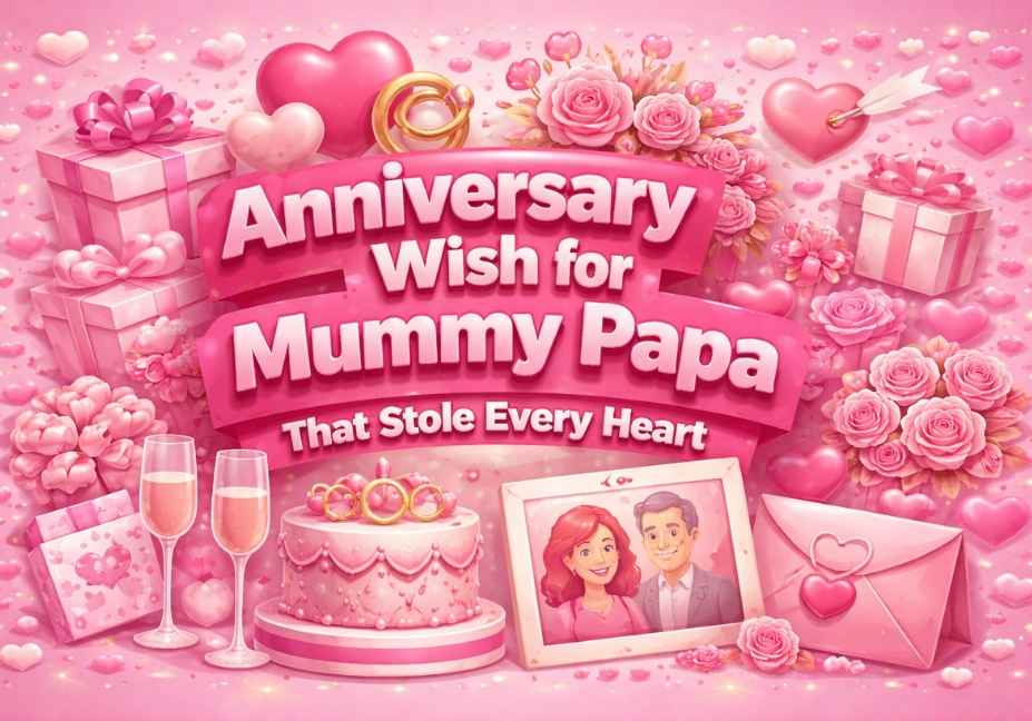 “Pink 3D anniversary illustration with ‘Anniversary Wish for Mummy Papa That Stole Every Heart’ text, decorated with hearts, roses, wedding rings, anniversary cake, champagne glasses, gifts and love envelope”.