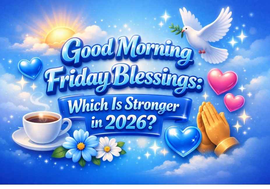 Blue 3D “Good Morning Friday Blessings 2026” text with sunrise, dove, coffee, hearts, and sparkles.