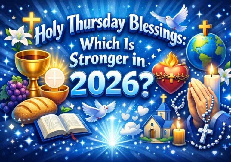 3D blue-themed illustration reading “Holy Thursday Blessings: Which Is Stronger in 2026?” with Christian symbols including a chalice, cross, Bible, church, praying hands with rosary, dove, candle, and glowing celestial accents on a blue background.