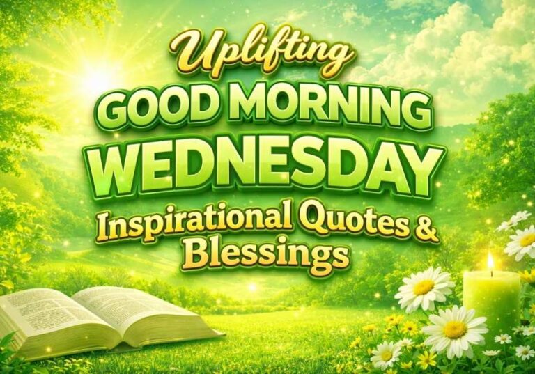 Green theme 3D text image for “Uplifting Good Morning Wednesday Inspirational Quotes & Blessings” with sunrise, flowers, Bible, and candle.