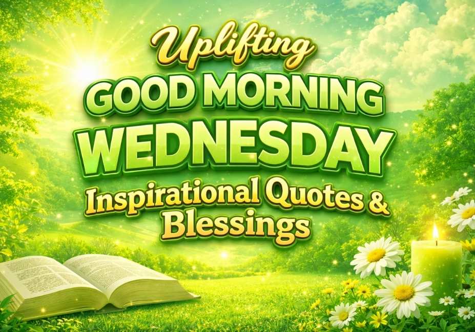 Green theme 3D text image for “Uplifting Good Morning Wednesday Inspirational Quotes & Blessings” with sunrise, flowers, Bible, and candle.