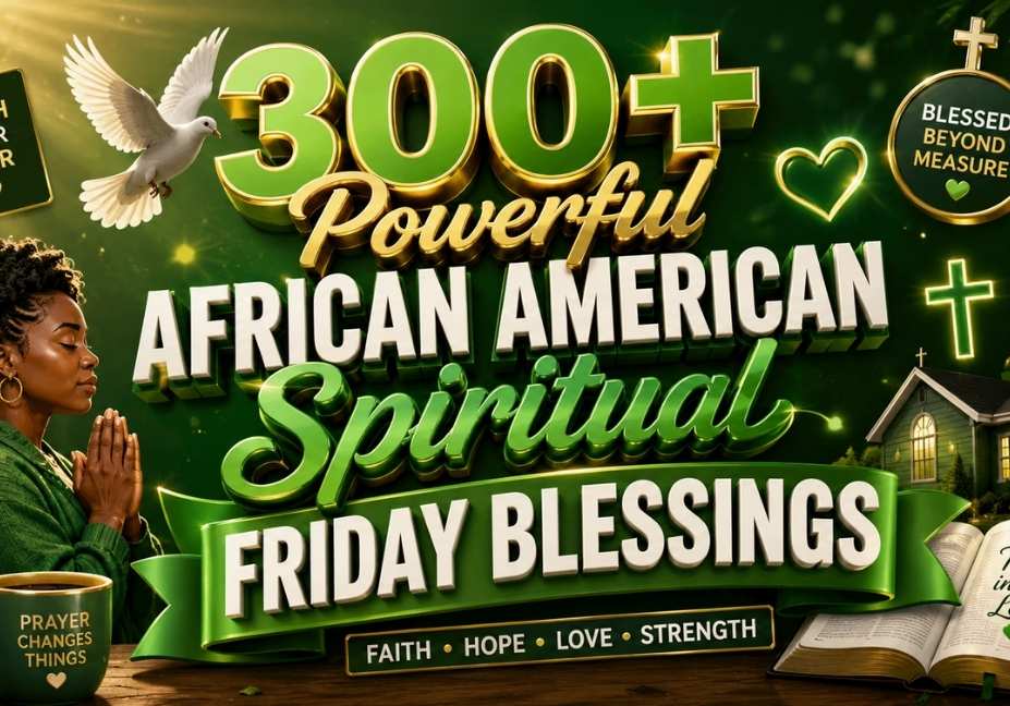300+ Powerful African American Spiritual Friday Blessings featured image with green 3D title, praying African American woman, Bible, cross, dove, church, and faith-inspired Christian symbols on a vibrant green background.