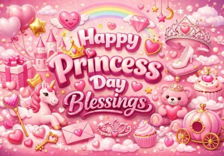3D pink themed illustration with glossy text “Happy Princess Day Blessings” surrounded by princess icons like crowns, castle, unicorn, hearts, cupcakes, teddy bear, magic wand, and pumpkin carriage on a dreamy pink background.