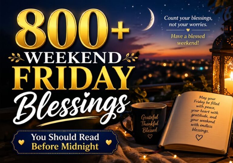 “800+ weekend Friday blessings quote image with cozy lantern, journal, and night sky, perfect spiritual good night Friday wishes before midnight”
