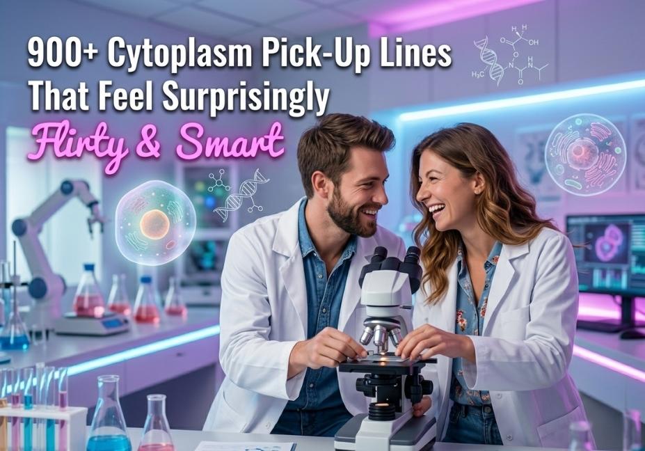 Flirty science lab scene with two students and glowing cell illustration featuring “900+ Cytoplasm Pick-Up Lines That Feel Surprisingly Flirty & Smart” title