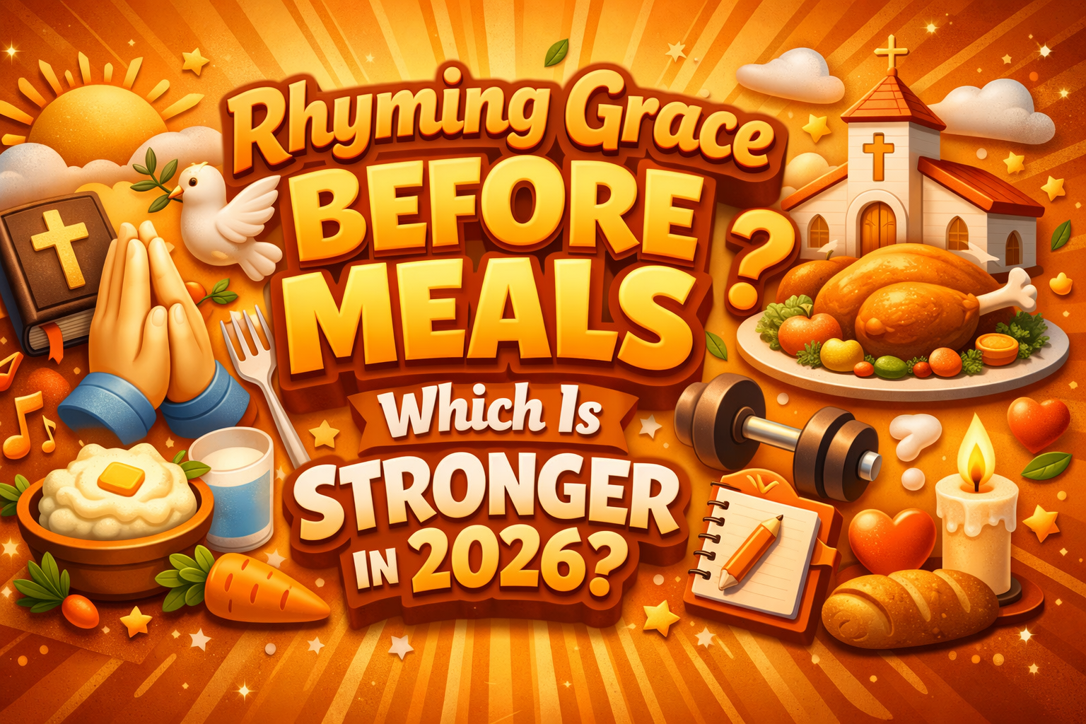 Orange-themed 3D illustration banner with the title “Rhyming Grace Before Meals: Which Is Stronger in 2026?” surrounded by prayer hands, Bible, church, roast turkey, bread, candle, musical notes, and food icons on a bright orange background.