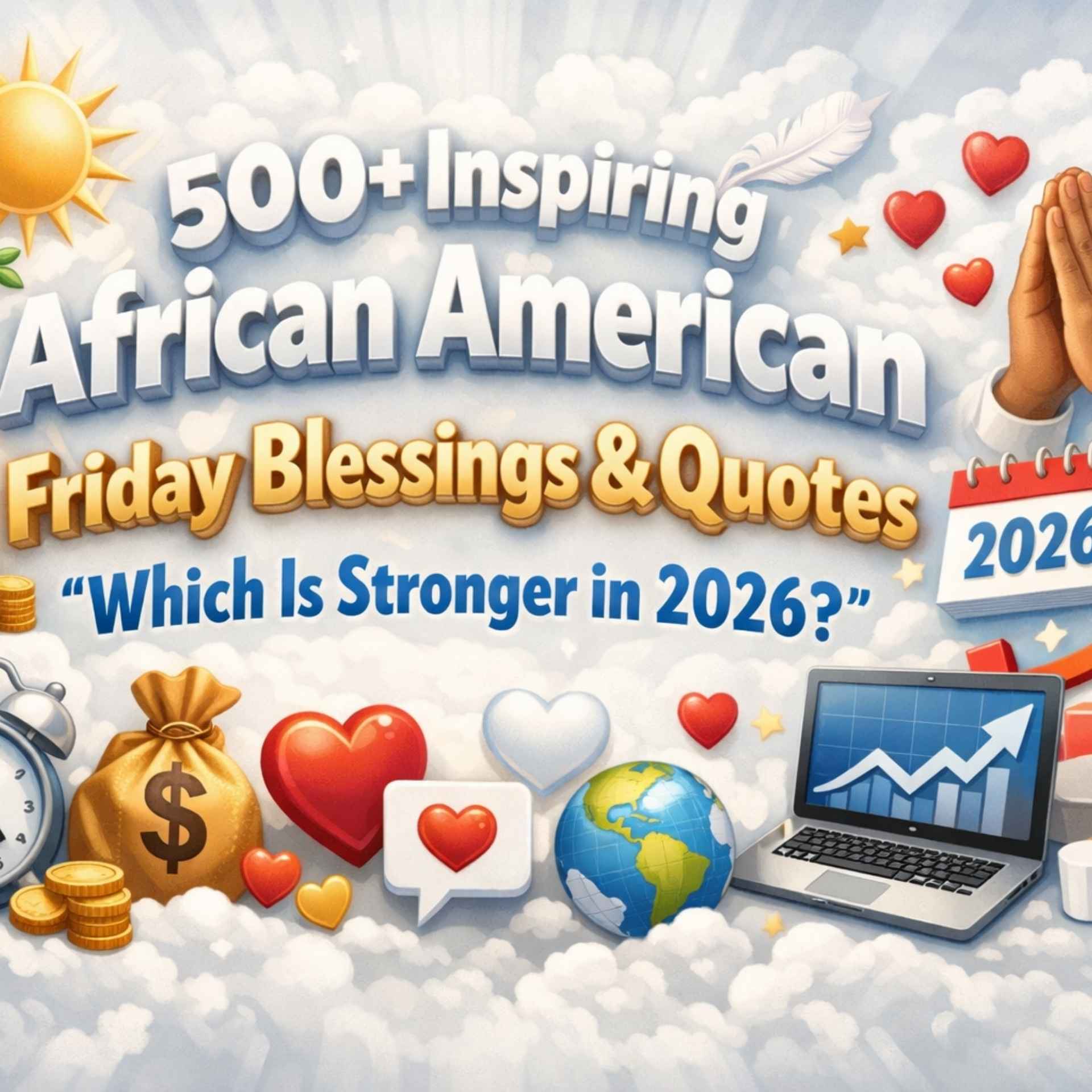 “White theme 3D text illustration with icons for 500+ Inspiring African American Friday Blessings & Quotes Which Is Stronger in 2026 banner image.”