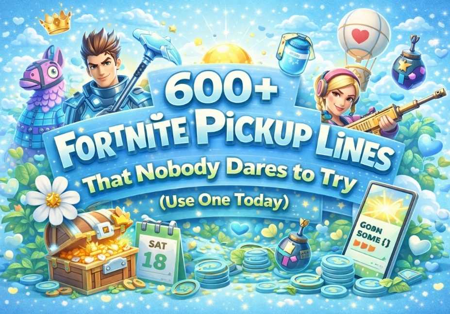 600+ Fortnite pickup lines that nobody dares to try colorful gaming illustration with characters treasure chest coins llama weapon and mobile phone on bright blue background