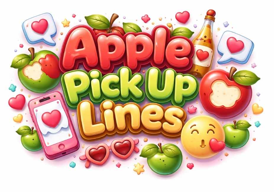 Colorful 3D illustration of the title “Apple Pick Up Lines” with glossy red, green, and yellow text surrounded by apples, hearts, chat bubbles, a smartphone, and playful romantic icons on a light background.