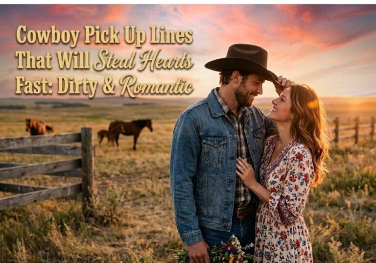 Romantic cowboy couple at sunset in a western field with warm golden light and title “Cowboy Pick Up Lines That Will Steal Hearts Fast Dirty & Romantic” displayed in elegant font
