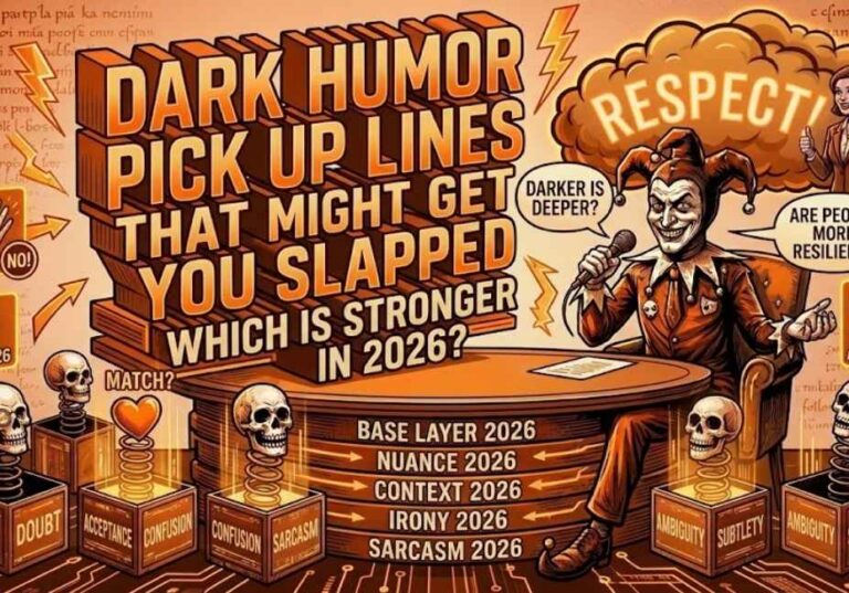 "An illustrated guide on dark humor pick-up lines for 2026, using an orange color palette, 3D text styling, and icons representing conversation depth, risk assessment, and social interaction."