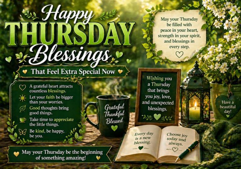 “Happy Thursday blessings image with green nature theme, cozy mug, lantern, flowers, and inspirational quotes for a peaceful and joyful day”