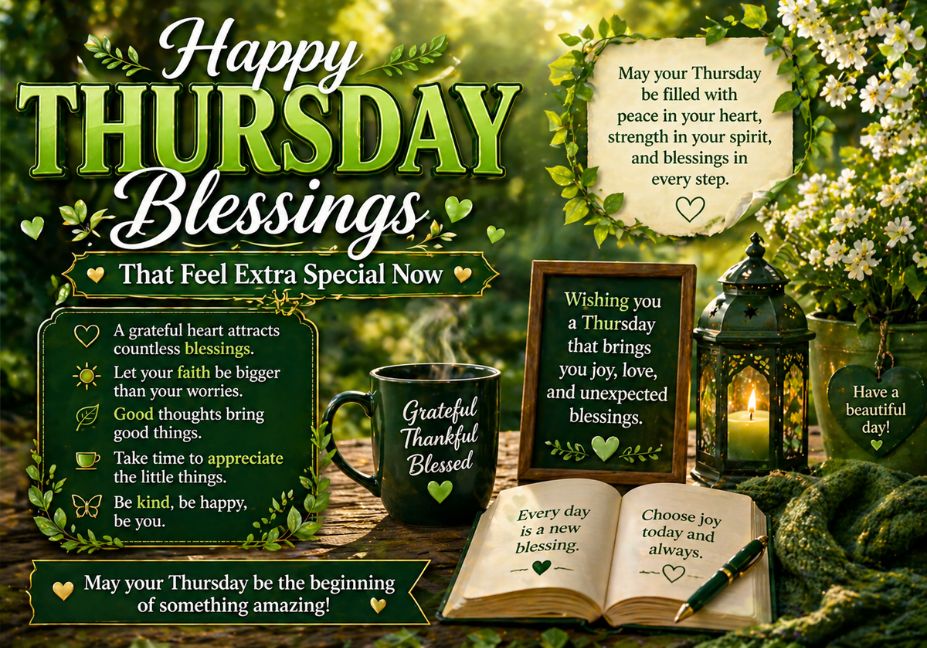 “Happy Thursday blessings image with green nature theme, cozy mug, lantern, flowers, and inspirational quotes for a peaceful and joyful day”