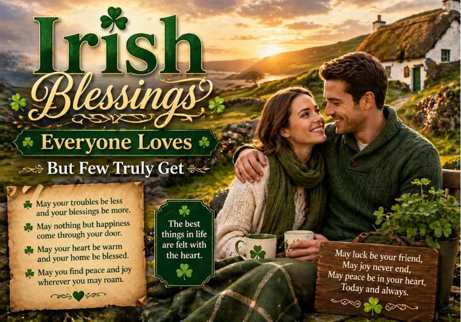 “Irish blessings quote image featuring a romantic couple in scenic countryside with shamrocks, sunset landscape, and inspirational Irish blessing text”