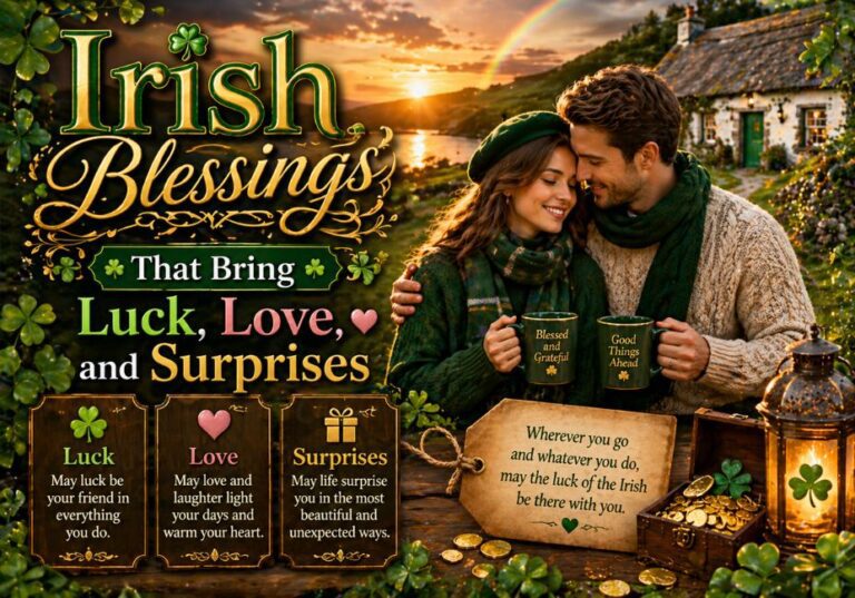 “Irish blessings image with lucky clovers, romantic couple, and scenic countryside symbolizing luck, love, and unexpected blessings”