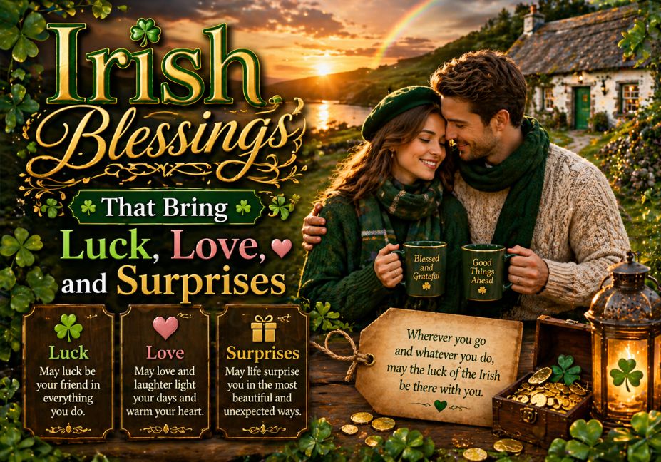 “Irish blessings image with lucky clovers, romantic couple, and scenic countryside symbolizing luck, love, and unexpected blessings”