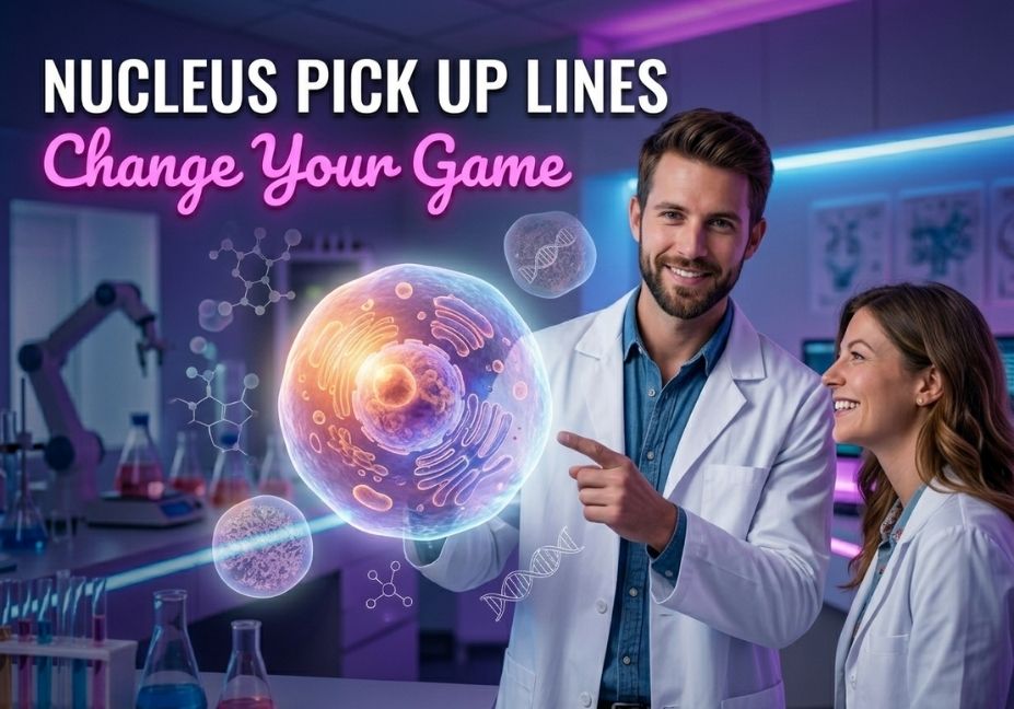 Glowing nucleus cell illustration in a modern lab with a flirty science couple and title “Nucleus Pick Up Lines That Will Change Your Game”