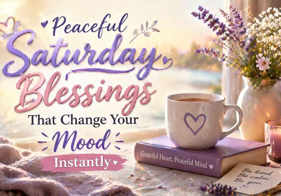 Cozy pastel morning scene with tea, flowers, and “Peaceful Saturday Blessings” text.