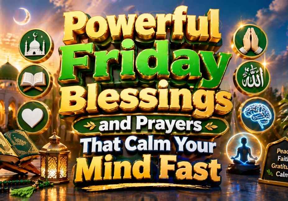 Powerful Friday blessings and prayers with mosque, Quran, and peaceful glowing 3D text design calming the mind fast