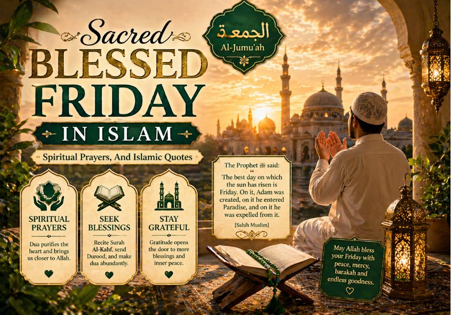 **“Sacred Friday in Islam image with man praying near mosque at sunset, Quran, and spiritual Islamic quotes about blessings, duas, and gratitude”**