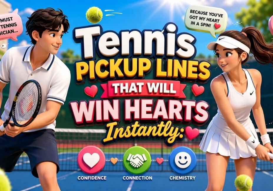 3D tennis-themed illustration of a boy and girl playing on a court with soft textures, featuring bold text “Tennis Pickup Lines That Will Win Hearts Instantly” surrounded by hearts, icons, and playful elements.