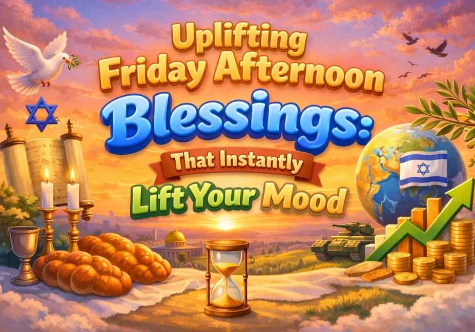 Soft afternoon scene with 3D text “Uplifting Friday Afternoon Blessings That Instantly Lift Your Mood,” surrounded by peaceful and uplifting icons.