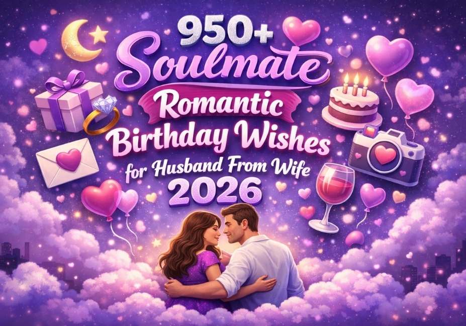 Purple romantic birthday wishes banner with couple, 3D icons, and “950+ soulmate birthday wishes for husband from wife 2026” text