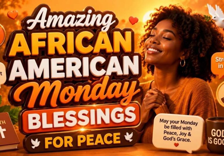 Orange 3D illustration for Amazing African American Monday Blessings for Peace featuring a praying African American woman, dove, cross, Bible, faith icons, and uplifting Monday blessing typography in a 16:9 design.