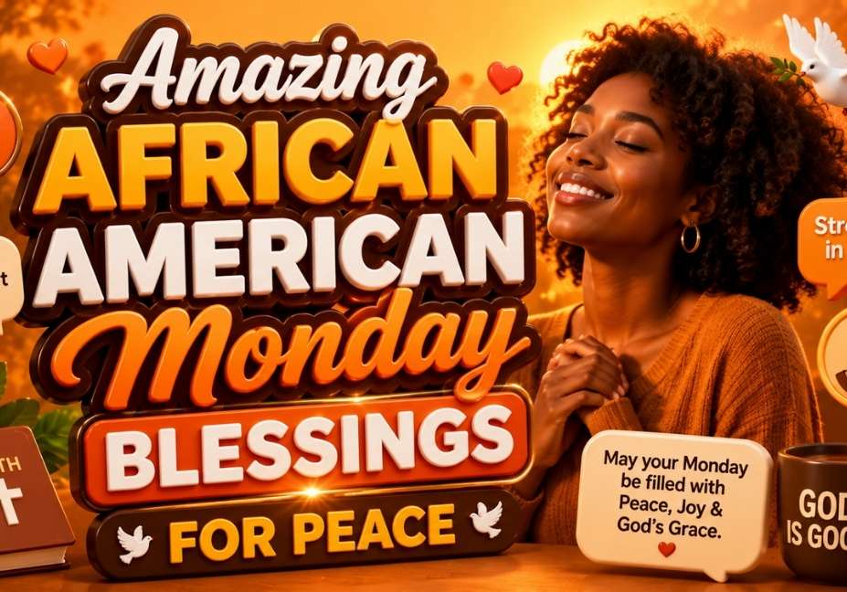 Orange 3D illustration for Amazing African American Monday Blessings for Peace featuring a praying African American woman, dove, cross, Bible, faith icons, and uplifting Monday blessing typography in a 16:9 design.